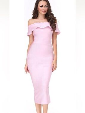 Women’s Ruffle Off-Shoulder Pink Bodycon Midi Dress sz Mesium